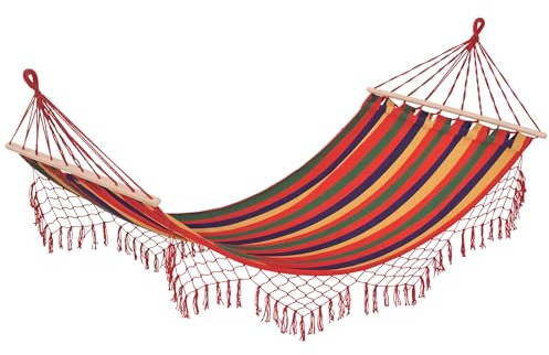 Outsunny Hamaca de Jardín 200x100 cm Hamaca Colgante con Travesaños de Madera Carga 120 kg para Patio Terraza Balcón Camping Rojo y Amarillo