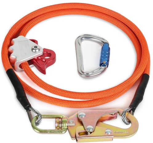 1/2 x 8ft Steel Core Flip Line Kit with Triple Lock, Swivel Snap Hook & Rope Grab Adjuster for Close-Range Fall Protection （Orange）
