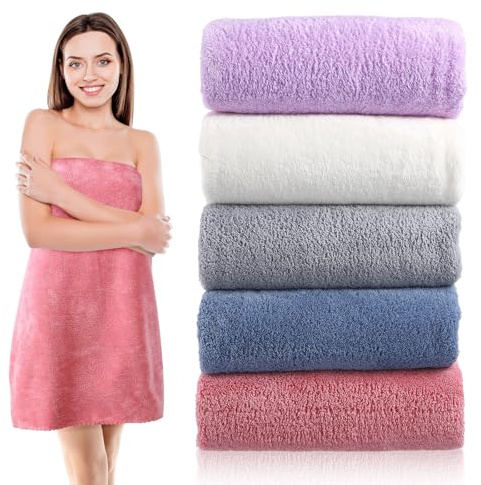 OFFIGAM Toallas de Baño de Microfibra Lisas 70x140 Cm, Absorbentes y Suaves, Juego 5 Piezas Multicolor (Gris, Marfil, Rojo Ladrillo, Púrpura, Azul Verdoso) para Hogar, SPA y Viaje