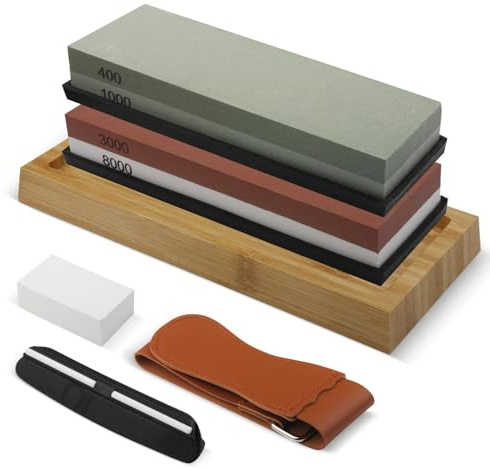 LxsNyvantic Pietra Affilacoltelli,misura 24 Cm X 11 Cm X 9,5 Cm, Disponibile Nelle Grane 400, 1000, 3000 E 8000. Include Base In Bambù, Pietra Per Affilare E Tappetino Antiscivolo.