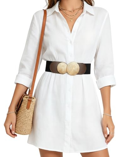 WERFORU Ceinture Large Élastique pour Femme Grosse Ceinture Femme Vintage avec Boucle Ronde Dorée pour Robes