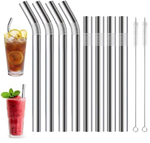 Sikweny 8 Piezas Pajitas Reutilizables, Pajitas de Acero Inoxidable con 2 Cepillos de Limpieza 4 Rectas y 4 Curvas para Lavavajillas para Bubble tea Batidos y Bebidas Calientes