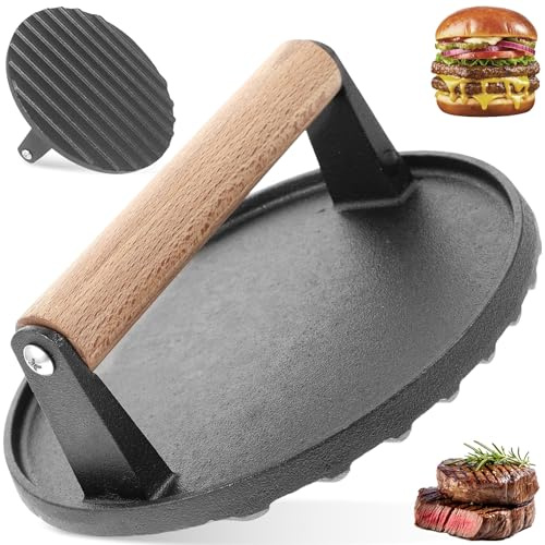 BOBILIFE Pressa per Hamburger in Ghisa, pressa per Hamburger in ghisa Resistente da 6,89 Pollici con Manico in Legno per Cottura al Barbecue, Pancetta, Bistecca, griglia o Piastra