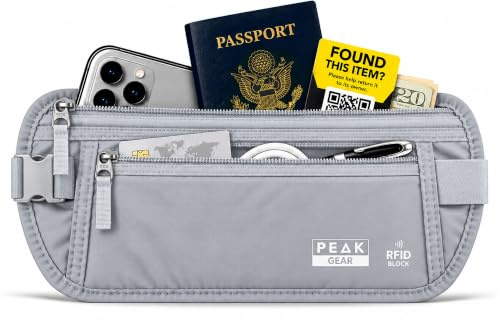 Peak Gear Travel Money Belt with Built-in RFID Block - Includes Theft Protection and Global Recovery Tags