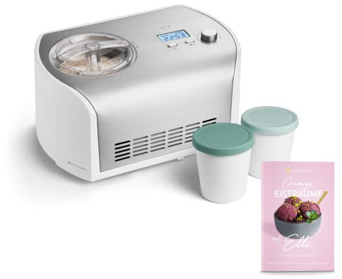 Máquina de Hacer Helados con Compresor de 1,2 litros ELLI, Recetas incluidas, Heladera de acero para yogur, Sorbete y Helado, 135 W, display LCD, temporizador, refrigeración
