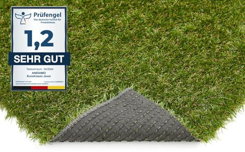 Andiamo Kunstrasen Jever Outdoor Teppich wetterfest – Rasenteppich für Balkon & Terrasse, wasserdurchlässig mit Drainage-Noppen, robuster Balkon Bodenbelag in Grün – Größe (133 x 300 cm)
