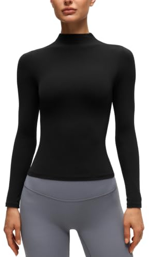 CRZ YOGA Softembrace Blusas Ajustadas Suaves de Manga Larga con Cuello Alto para Mujer Negro 42