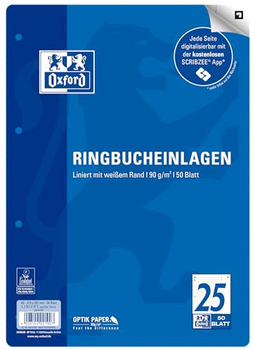 Oxford Ringbucheinlagen A4 liniert mit breitem, weißem Rand rechts, Lineatur 25, 50 Blatt