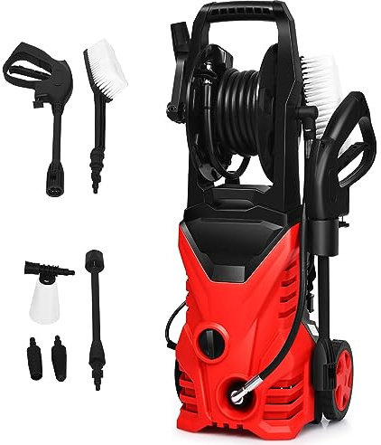 COSTWAY Idropulitrice con 2030 PSI, 5L / Min Idropulitrice Portatile con Ugello Lotus e Ugello ad Alta Pressione, Cavi e Tubi Più lunghi, Adatto per La pulizia di Giardini, Auto,Case (rosso)