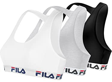 FILA Reggiseno Sportivo Donna in cotone, senza rinforzo, set di 3, Nero, Grigio, Bianco, Taglie L