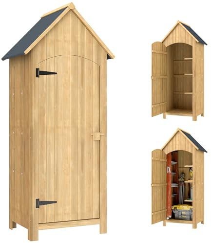 Outsunny Casetta da Giardino in Legno di Abete con Anta, Armadio da Esterno Porta Attrezzi da Giardino con 3 Mensole e Tetto in Asfalto Impermeabile, 77.5x54.2x179.5cm