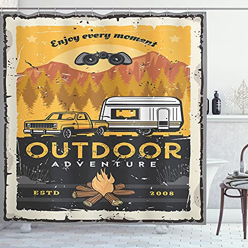 ABAKUHAUS Vintage Camper Duschvorhang, Outdoor Abenteuer, Stoffliches Gewebe Badezimmerdekorationsset mit Haken, 175 x 200 cm, Orange Grau Blasser Rost