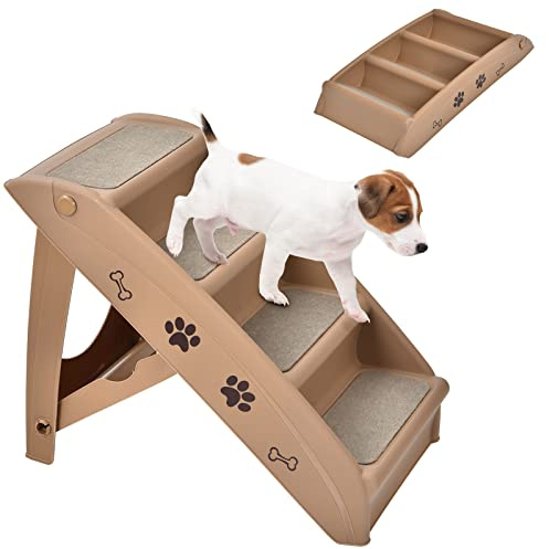COSTWAY Scaletta Pieghevole per Animali, Scala di Plastica con 4 Gradini per Interno ed Esterno, con Feltro Morbido, Ideale per Animali di Piccola e Media Taglia, Capacità di Carico: 60 kg (Marrone)
