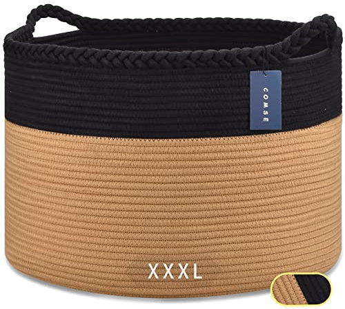 COMSE Extra großer Deckenkorb, gewebter Wäschekorb, 55 x 35 cm, Kindergartenkorb, Baumwollseil, Wäschekorb, Wohnzimmer, für Aufbewahrung, Spielzeug, Kleidung, Handtücher, Schwarz/Kamel