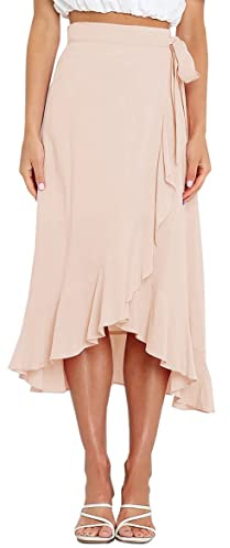 FEOYA Dam hög midja slips wrap midikjolar enkel volang fåll delad maxi wrap kjolar ledig sommar strand långa kjolar, BEIgE, S