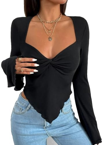 QKEPCY T-Shirts à Manches Longues pour Femmes Crop Tops Col en V Sexy Moulant Haut Slim Fit Basic Tops Ourlet Asymétrique Cropped Shirt Couleur Unie Blouse Chemises Mode(S)