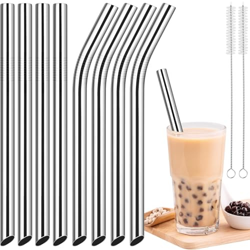NiHome Confezione da 8 cannucce in acciaio inox per frullate/frappè, extra larghe 1,3 cm, riutilizzabili, cannucce in metallo extra lunghe, dritte e piegate, per boba, bevande spesse, bevande fredde