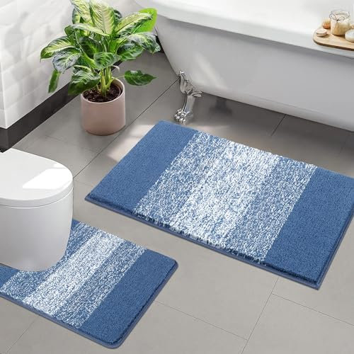 Enyhom Badteppich Set 2 Teilig Weich Hochflor Duschteppich Badematte Toilettenmatte Maschinenwaschbar rutschfeste wc Teppich Set Badvorleger Badezimmerteppich (Blau, 50 x 80 + 50 x 60 cm)