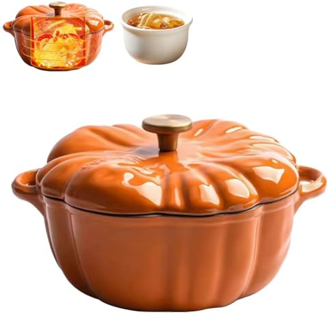 Cocotte en fonte émaillée avec couvercle, casserole en forme de citrouille de 1,5 L, cocotte couverte fait-tout plat de cuisson, cadeau décoratif d'Halloween, Thanksgiving, passe au four et à la