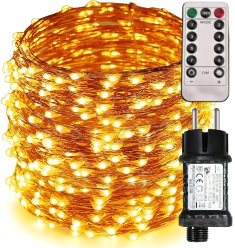 Luci Albero Di Natale Bianco Caldo, Stringa di Luci Natalizie Da Esterno-Interno 30M con 300 LED e Telecomando a 8 Modalità, Luci Di Natale Impermeabile Ideale per Decorare Alberi, Giardini, Feste