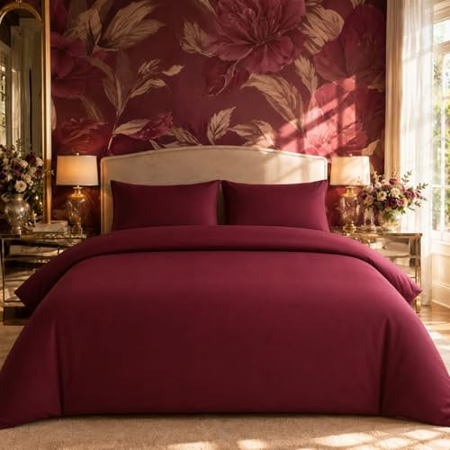BOSALONI HOME - Juego de sábanas para cama de matrimonio de 4 piezas, 220 x 230 cm, funda nórdica + sábana + 2 fundas de almohada, tejido suave y transpirable, fácil de lavar, color burdeos
