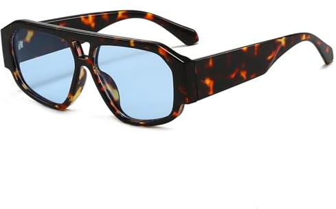 YAMEIZE Retro Occhiali da sole per Donna Uomo Pilota Anni'70 Doppio Ponte Occhiali da sole Vintage Quadrato Cornice Telaio Spesso Chunky Protezione UV400 (Blu Leopardo)