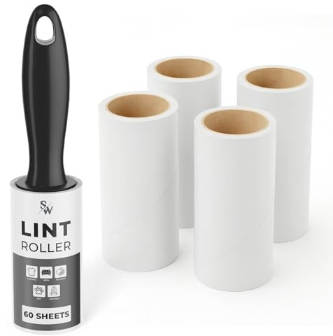 Stick Well Rullo per Pelucchi, Confezione da 5 con 1 Manico Riutilizzabile, 300 Fogli Extra Adesivi per la rimozione dei peli di Animali Domestici, per Rimuovere Polvere e lanugine da Vestiti, mobili