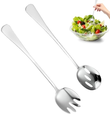 Seefey 2 posate da insalata da 28 cm, in acciaio inox, grandi cucchiai da servizio, forchetta da insalata, cucchiaio da insalata in acciaio inox, per famiglia, hotel, ristoranti