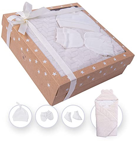 Presentset för födseln – filt, mössa, vantar och strumpor för nyfödd baby – gåva till föräldrar och graviditet, presentförpackning, första utrustning (beige)