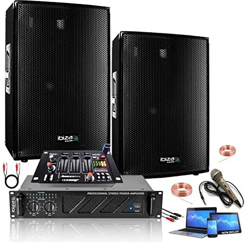 IBIZA SOUND LIGHT - Pack Sono 2160W Total Ibiza Sound 2 altavoces 2 x 600 W, amplificador ventilado, 2 x 480 W, mesa de mezcla, cableado – Ideal para bar y salón de fiestas
