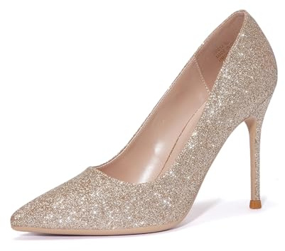 GENSHUO Zapatos de Vestir Elegantes y Cómodos con Correa al Tobillo y Tacón de Gatito para Mujer, Brillo Dorado, 37 EU