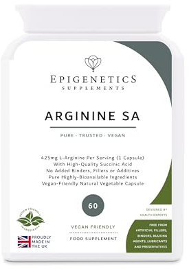 Arginine SA | 425mg L-Arginine Amino Acid + Succinic Acid Natural Antioxidant | 60 Vegan Capsules UK Made | 1 Capsule Daily (2 Month Supply)