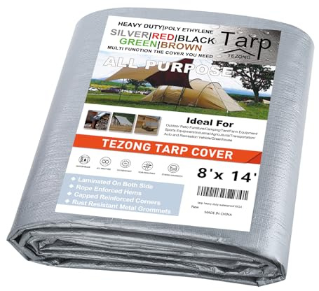 Tarps Heavy Duty Waterproof 8x14ft,TEZONG Silver Tarp 12Mil Plastic Tarpaulin Outdoor Tarp Cover for Emergency Rain,Patio Furniture,Wood,Roof,Camping,Car,Pool