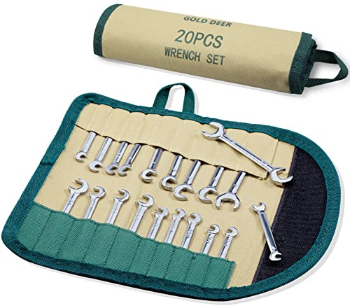 GOLD DEER Set di 20 mini chiavi a doppia estremità aperta standard metrica e SAE 5/32-7/16 e 4-11 mm chiave ad angolo aperto extra sottile con custodia per rotolo di stoccaggio