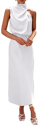 PRETTYGARDEN Women's 2025 Summer Satin Dress Elegant Sleeveless Mock Neck Cocktail Party Maxi Dresses (White,XX-Large)