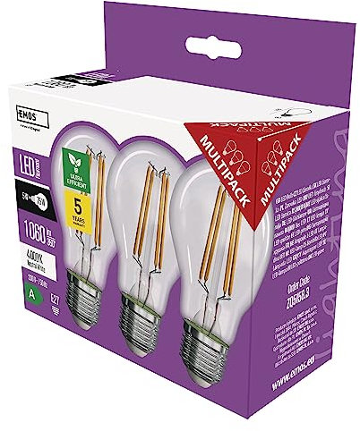 EMOS - LED-Lampe Filament A60 - A Klasse Vintage-Glühbirne - E27 Sockel - neutralweiß - 1060lm - extra-sparsam, 5W (statt 75W Glühbirne) - 50000 Stunden - Winkel 300° CRI min. 80-3er Pack