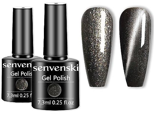 Senvenski Black Grey Gel Nail Polish Kit, Grey Magnetic Cat Eye Gel Polish, UV/LED Soak Off Nail Art Set with Black Glitter Colours | Manicure Gift Kit for Women Salon Home Use (CS2-011)