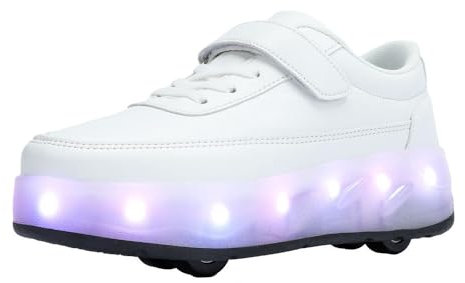 HUSKSWARE Jungen Mädchen Rollschuhe Schuhe Mit 4 Rollen Skateboardschuhe, verstellbar Jugend Schuhe mit Rollen, Weiß 33 EU