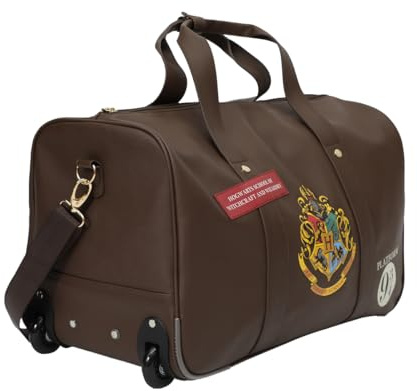 Harry Potter Rolling PU Duffle Bag - Officially Licensed Travel Luggage with Patches and Applique in Brown