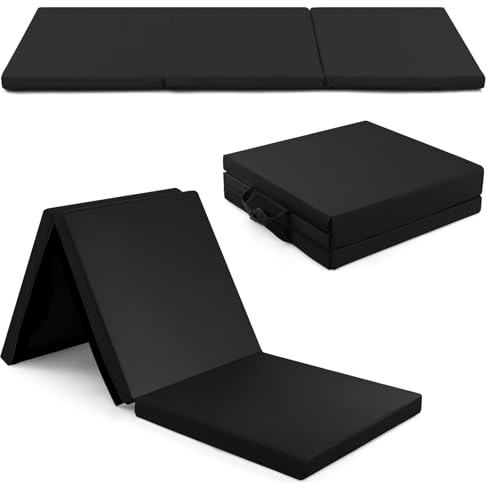 GYMAX Tapis de Gymnastique Épais Pliable 180x60x5cm, Combinaisonable avec Attache Auto-Agrippante, Housse en Simili Cuir, Portable avec Poignées de Transport, pour Yoga, Fitness, Étirement(Noir)