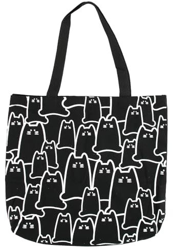 Bolsa de Lona, Bolso Tote Bag con Cremallera de Algodon para Compra Negro Bolsas de Tela Mujer, Gato Bolso Plegable Shopper Bolsas de Mano Reutilizables Bonita Totebag de Playa para Gatos 35x39CM
