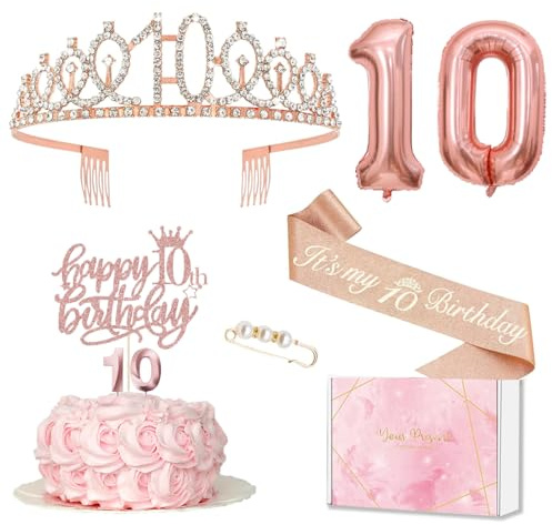 Set Compleanno 10 Anni Per Ragazza - Corona e Fascia, Decorazione Torta e Candele, Palloncino Oro Rosa 10 - Regalo Per Feste