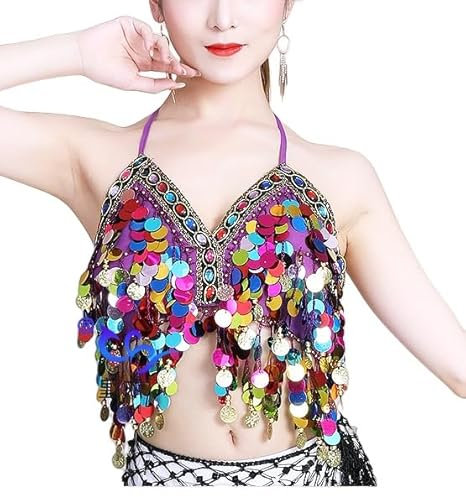 MUNAFIE Pailletten Oberteil Damen Glitzer Top BH Bauchtanz Festival Oberteil Lila Bunt