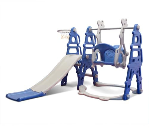 Neo 4-in-1 Children's Kids Playset Toddler Slide Climber Swing Playground Play Set Basketball Hoop Climb Stairs Indoor and Outdoor Adventure (Blue)