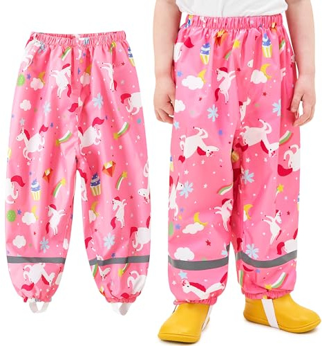 Baogaier Girls Waterproof Rain Pants Kids Mud Dirty Proof Trousers with Reflective Strip Pink Horse Print Outdoor Overtrousers Lightweight School Play Rainwear Rainpants for 5-6 Years