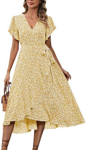 Kleid Damen Sommer Elegant Wickelkleid Damen Lang Sommerkleid V-Ausschnitt Boho Kleid A Linie Blumenkleid mit Gürtel Rüschen Strandkleid Frauen Sommer Kurzarm Hohe Taille Maxikleid