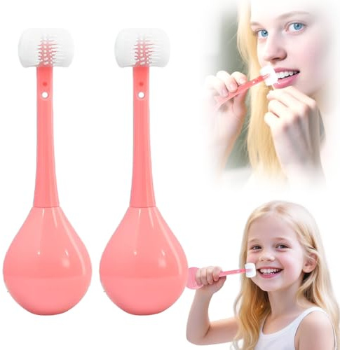 Zahnbürste Kinder, 2025 Neu Dreiseitige Zahnbürste, Triple Brush Kinder Extra Weich Dreiseitige Kinderzahnbürste 360°-Reinigung Becherdesign Triplebrush für 1-14 Jahre (Rosa*2)
