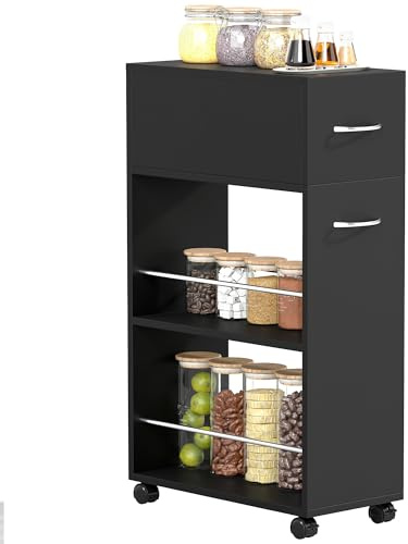 HOMCOM Carrello da Cucina con 2 Ripiani Aperti, Cassetto, Parapetti e Ruote a Freno, Carrello Cucina Salvaspazio Portaoggetti in Truciolato e Acciaio Inox, per Bagno, Soggiorno, 25x50x85 cm, Nero