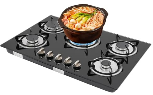 Piastra di cottura a gas 5 fuochi a gas da tavolo cottura piano cottura a incasso professionale, temperatura regolabile, protezione automatica contro le fiamme, per la casa, ristorante, commerciale