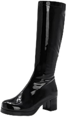 TNMIUH Botas Altas de Charol por la Rodilla para Mujer con Tacón Ancho, Botas Gogo Retro Años 60 70 para Disfraz Carnaval y Fiesta Temática, Negro/Blanco,Negro,46.5 EU